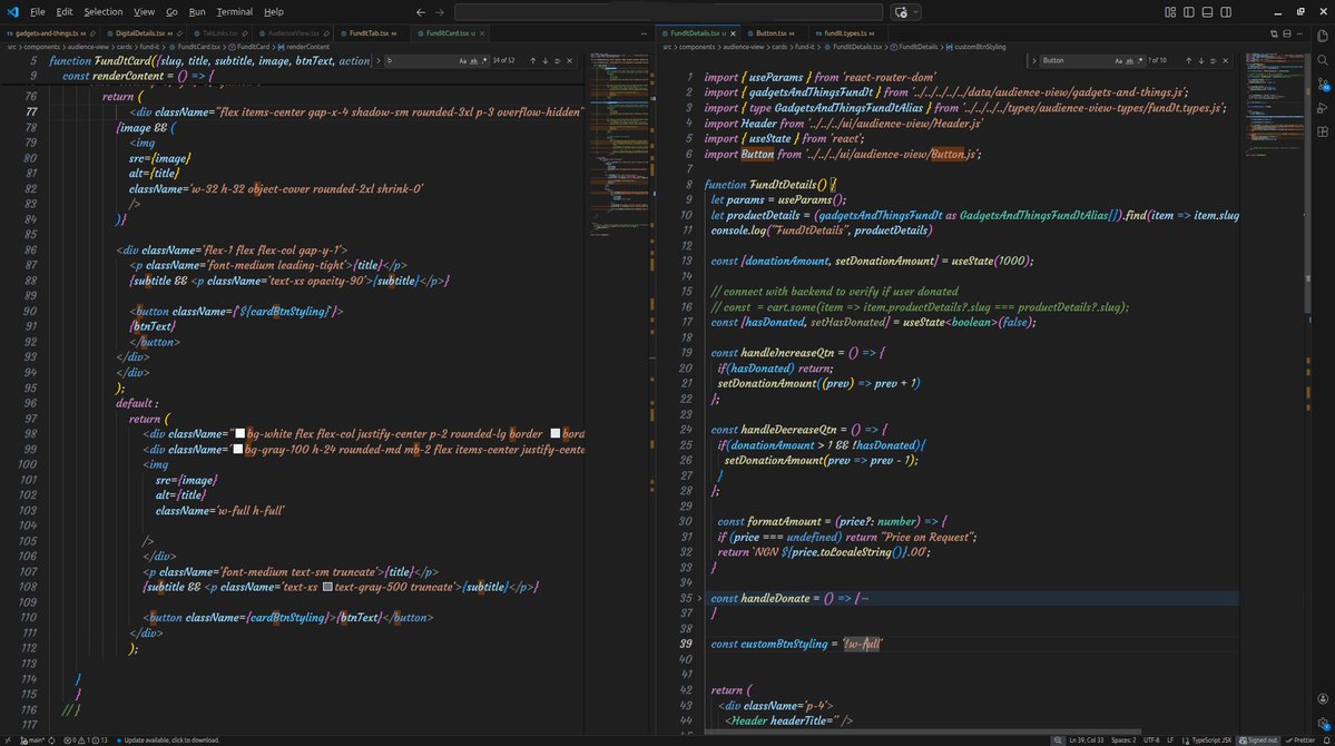 victorugs_DEV's tweet image. Day 67/100 🚀 #100DaysOfCodeAndDesigns with @SarcasticGeek4u

continued building the Fund It feature

mapped structured data into dynamic UI cards with actions like “Donate” and “Contribute", etc 

keeping everything TypeScript safe