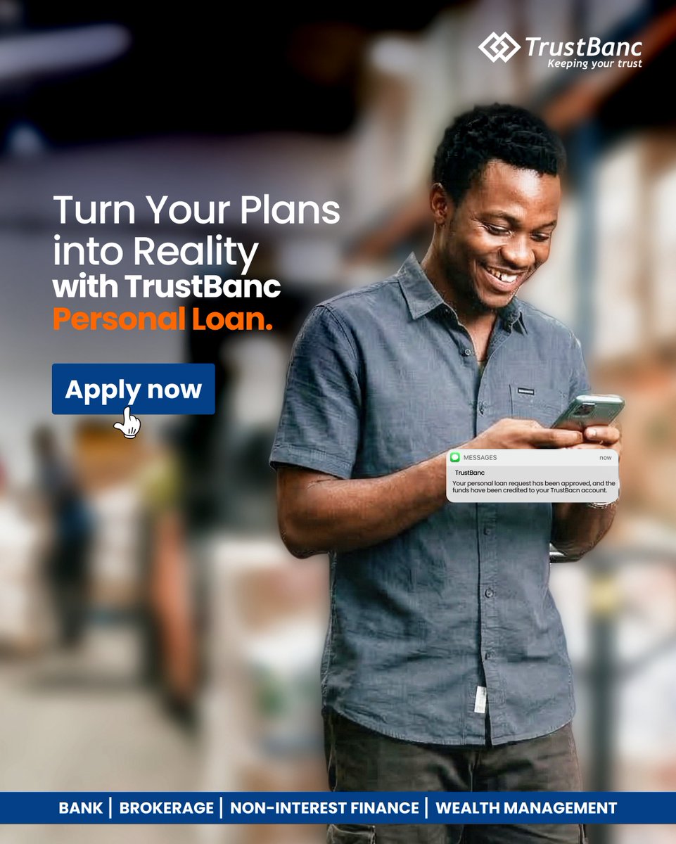 TrustBancgroup's tweet photo. Big plans? Let us make them happen.

Get the support you need with TrustBanc Personal Loan. Apply now.

Call/WhatsApp: 09136660692 / 07001238100
Email: pssl@trustbancgroup.com

#TrustBancLoan
#personalloan 
#financialfreedom 
#easyfinancing https://t.co/HL997XCk9E