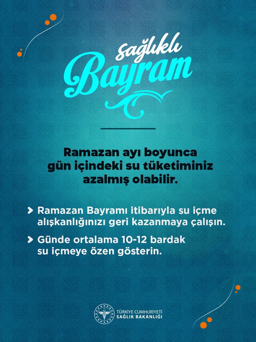 Ramazan ayı boyunca gün içindeki su tüketiminiz azalmış olabilir.

👉🏻Günde ortalama 10-12 bardak su içmeye özen gösterin.

#SağlıklıBayram