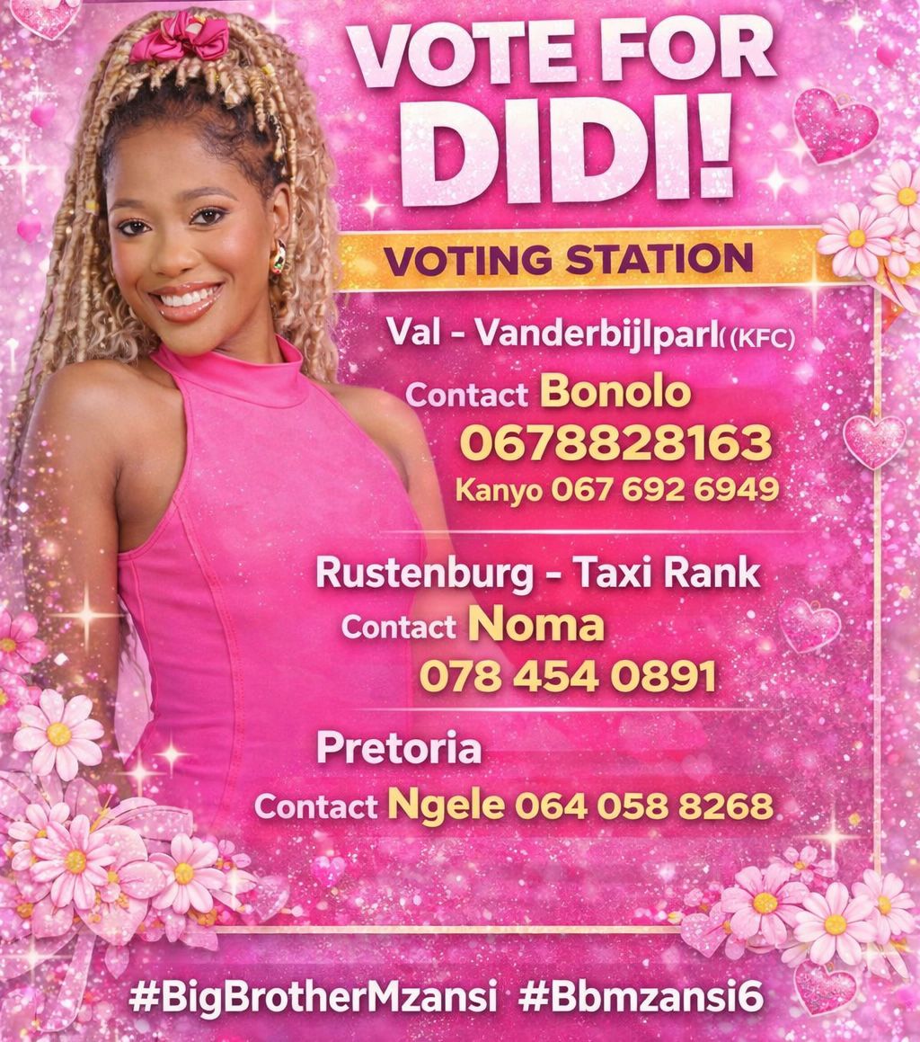 Daisies and Didi lovers , please take note:

TOMORROW! 

Vaal- Vanderbijilpark (KFC) near the taxi rank.

Pretoria:
Sammy Marks (Woolworths)

Go to the streets, text your friends, neighbors . Get those votes!

VOTE FOR DIDI
#BBMzansiS6