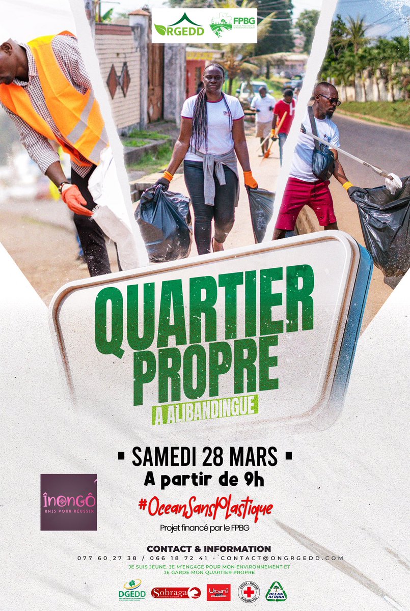 Opération Quartier Propre-ALIBANDING  

La lutte contre la pollution commence dans nos quartiers

Rejoins-nous ce 28 mars pour une grande action de nettoyage et de sensibilisation 

Ensemble, agissons pour un environnement sain  
<a href="/FPBG_Gabon/">FPBG : Fonds de Préservation de la Biodiversité</a> 
#QuartierPropre #OceanSansPlastique