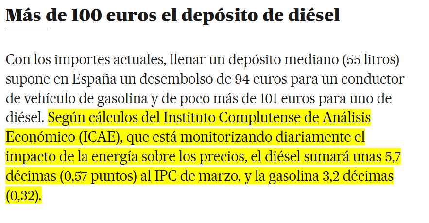 ICAE_UCM's tweet photo. @el_pais recoge la estimación diaria del ICAE. 
Hoy: el diésel aportará 0,57 puntos al IPC de marzo y la gasolina 0,32. Junto al alza de la electricidad (0,21), suman 1,1 puntos extra de inflación

https://t.co/k7QksO17wx

https://t.co/zaMCZHDQam https://t.co/Eqdf5qMHQ7