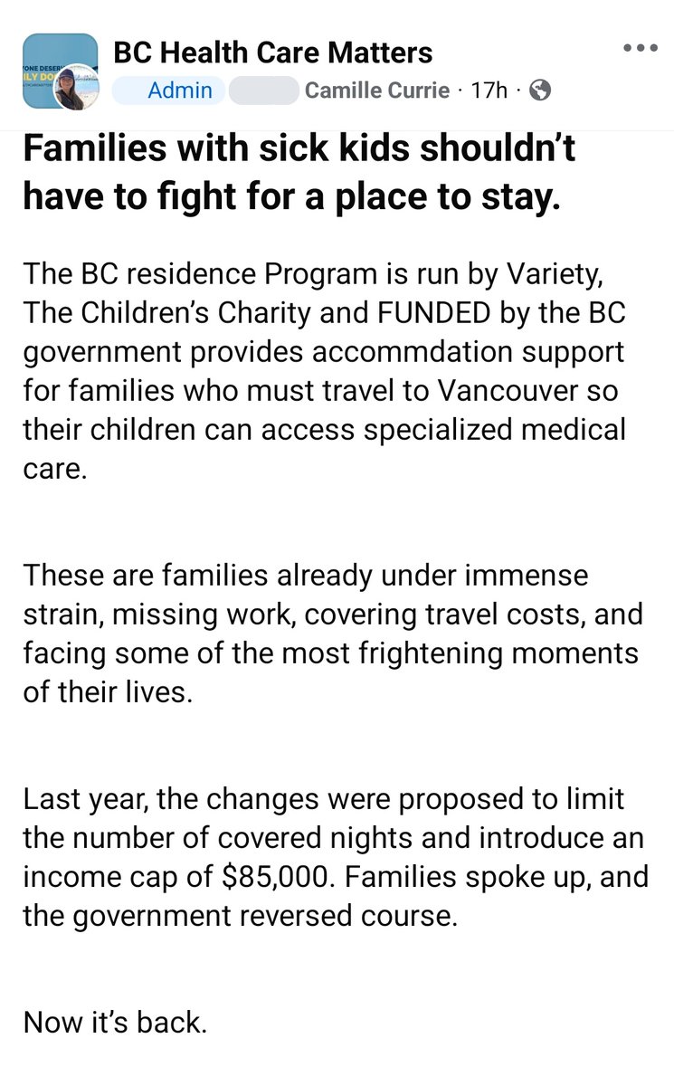 CCurrieadvocate's tweet photo. Are we really going to do this battle again?  

Families with sick kids shouldn't have to fight for a place to stay.  @bcndp imposing ridiculous caps on a program that provides lodging support for families of sick kids

@rparmar_BC @Josie_Osborne @Adam_Stirling @richardzussman https://t.co/4GPhdrBid4