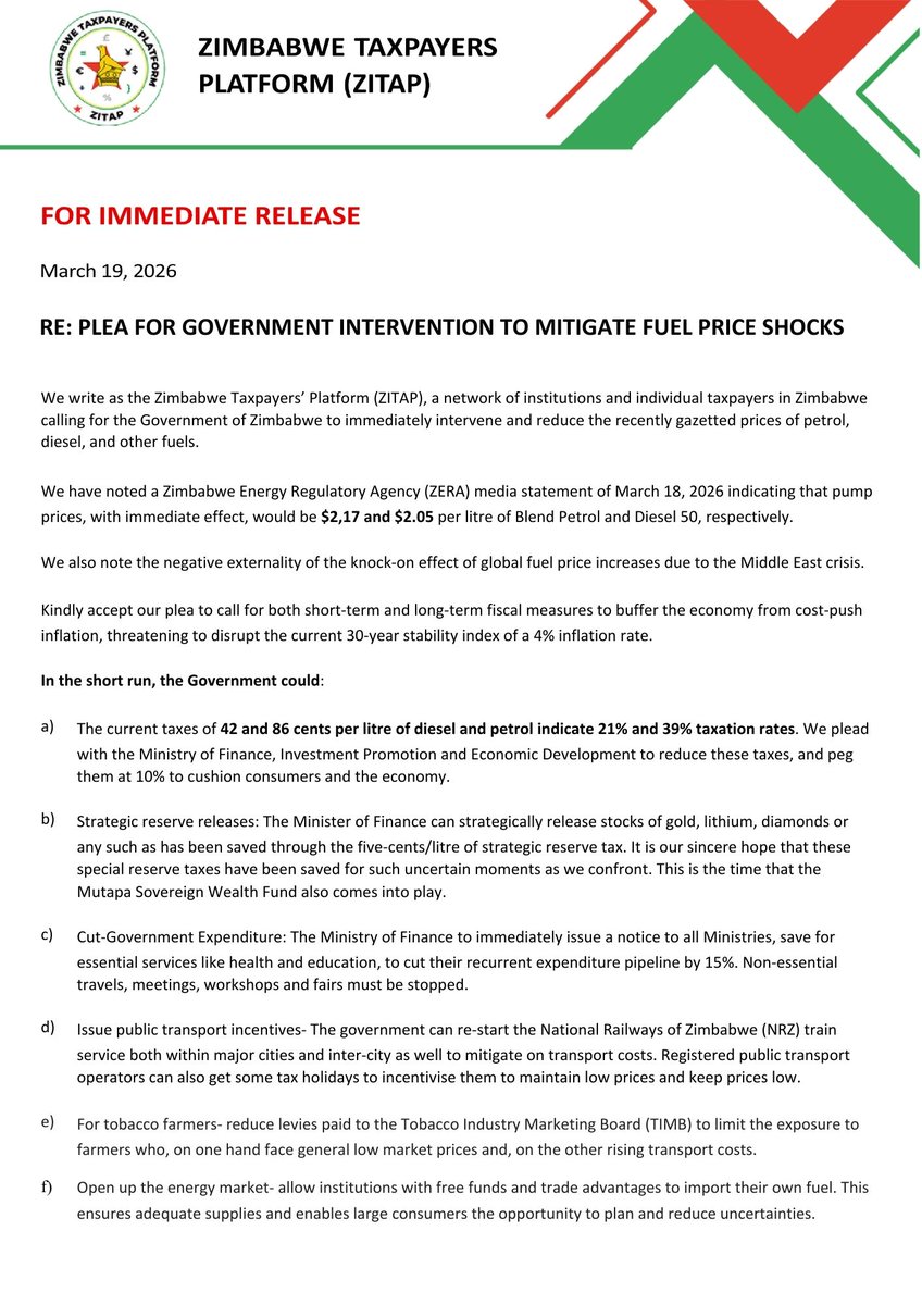 zitap24's tweet photo. 🚨 BREAKING: ZITAP calls for immediate Gov intervention to mitigate fuel price shocks ($2.17 Petrol / $2.05 Diesel).
We propose: 1️⃣ Cut fuel tax to 10% 2️⃣ 15% cut in non-essential Gov spending 3️⃣ 0% duty on Electric Vehicles 4️⃣ Release Strategic Reserves
#ZimFuel  #EconomicCrisis https://t.co/3bLqEGLpc5