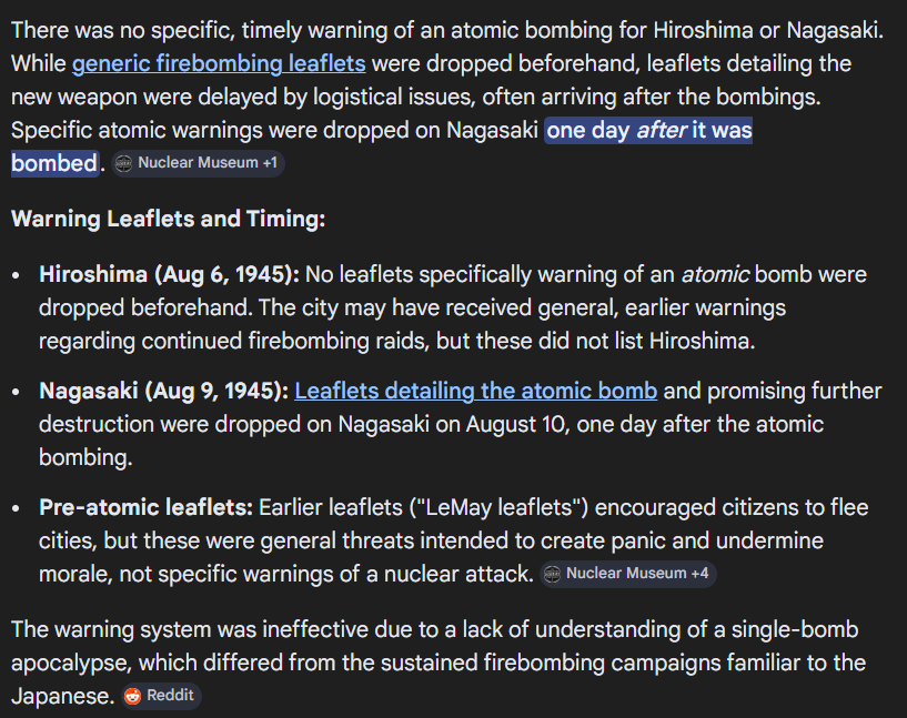 YumeKitsune's tweet photo. @Acyn I mean they did send a warning, though only 30 minutes beforehand, but it was delayed due to translation and info speed logistics of the time. Which the US supposedly had their own logistics issues when dropping nukes, dropping warning pamphlets a day AFTER nuking Nagasaki. https://t.co/8vMewGyiCa