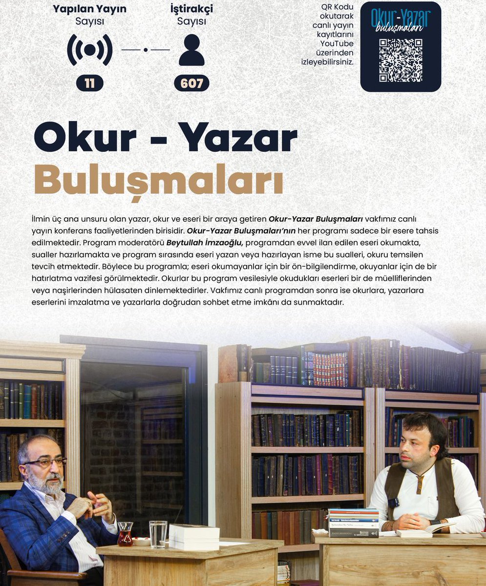 OSİV FAALİYET RAPORU 3
Osmanlılar İlim ve İrfan Vakfı'nda CUMARTESİ KONFERANSLARI devam ediyor.

-Okur-Yazar Buluşmaları (19 konferans) oynatma listesi: youtube.com/playlist?list=… 

Sizler de her Cumartesi vakfımıza teşrif edip, konferans salonumuzda konferanslarımıza iştirak