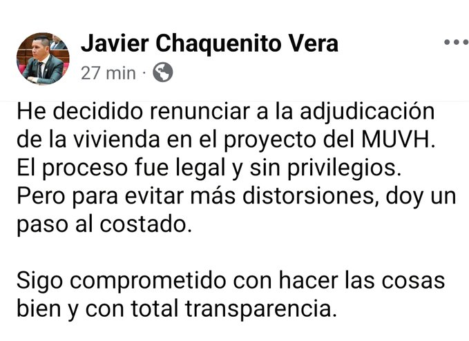 El senador Javier Vera renunció al famoso departamento en Luque.

Sépalo Señor, Señora: lo hicieron renunciar para que Baruja y su ministerio no tengan que asumir ni cargar con la responsabilidad.

BARUJA SE TIENE QUE IR, POR SINVERGÜENZA.
10 DE 12 ADJUDICADOS SON FUNCIONARIOS.