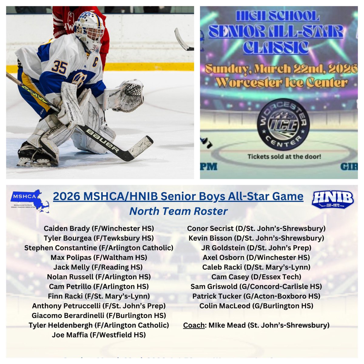 Congratulations to Senior Patrick Tucker on being named to the 2026 MSHCA/HNIB Senior All-Star Game! The game, at 1:50 on Sunday will feature the best Seniors in the state playing against each other.  <a href="/HNIBonline/">Hockey Night</a> <a href="/ABRevsAthletics/">Acton-Boxborough Athletics</a>