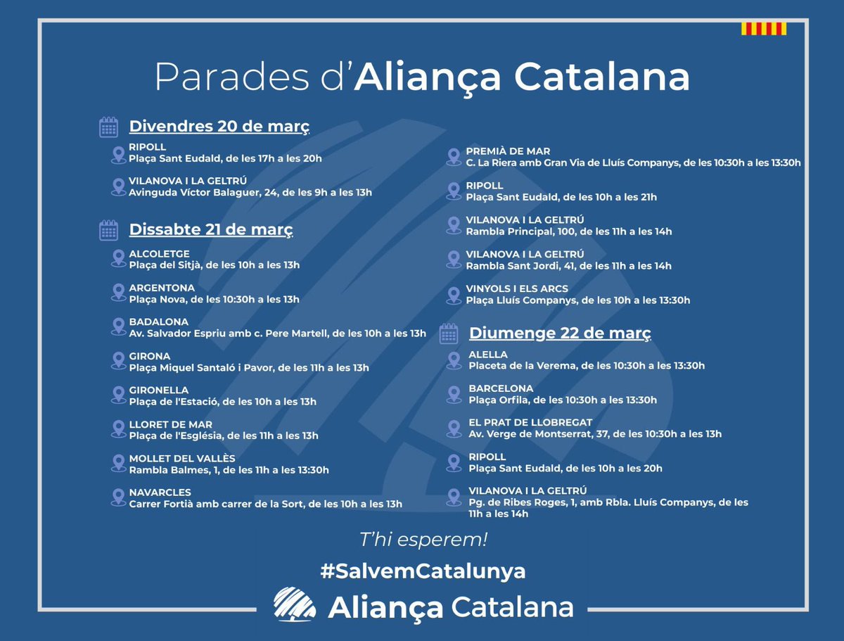 Aquest cap de setmana, seguim sortint al carrer.

Portem el nostre projecte directament als catalans, escoltant, explicant i sumant forces per construir una Catalunya, pròspera, segura i occidental.

Us hi esperem! 

💙#salvemCatalunya