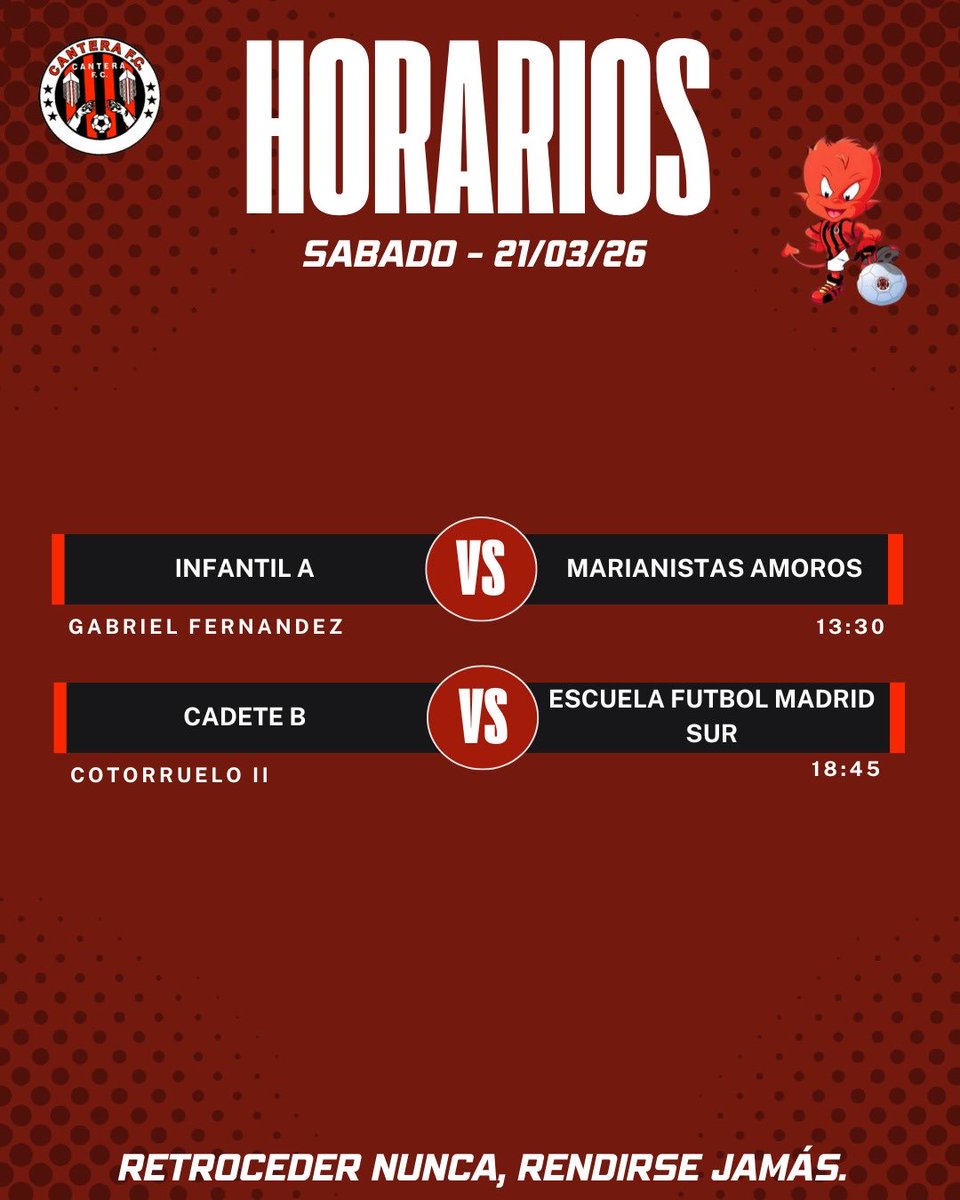 Por aquí os dejamos los horarios del #sabado!! 🕜🕜

Este finde hay muchos #partidos en #casa!! Te vienes a alguno?? 🏠🙋‍♂️

#futbol #retrocedernuncarendirsejamás