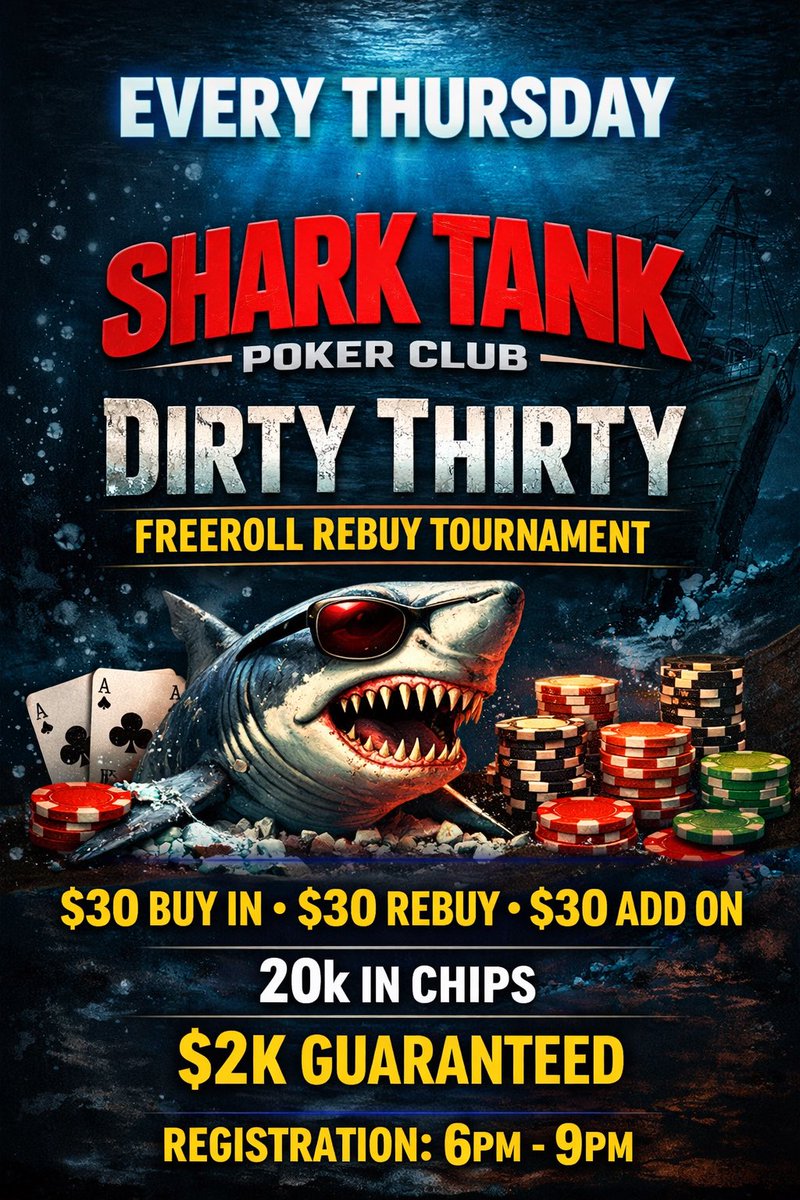 SharkTankPoker's tweet photo. Thursdays at the Tank! PLO cash games and Dirty 30 rebuy Tournament https://t.co/oNyieOvhc7