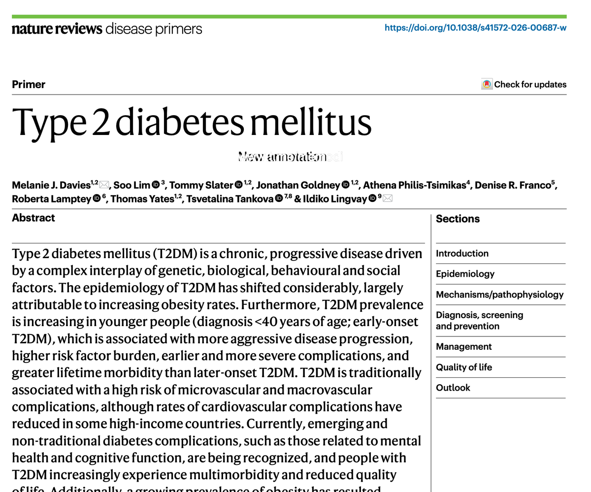 LuisOliverio's tweet photo. Nuevo Nature Primer, de hoy, de Diabetes tipo 2. Algunos puntos clave:

🔵 Cada vez es más frecuente el diagnóstico en <40 años, tienen un fenotipo mucho agresivo, rápida progresión y mayor mortalidad
🔵 Fisiopatología de 13 Vías: El modelo actual es el "Tumultuous Thirteen". Hasta el 25% tienen hipercortisolismo
🔵 4 Subtipos Clínicos: No todos los pacientes tienen el mismo riesgo. El subtipo SIDD (deficiencia severa de insulina) predice retinopatía y neuropatía; el subtipo SIRD (resistencia severa) predice enfermedad renal crónica y MASLD.
🔵 Terapia por Órgano: El enfoque solo glucocéntrico caducó. Usa GLP-1 para obesidad, MASLD y alto riesgo cardiovascular; iSGLT2 para insuficiencia cardíaca y ERC.
🔵 "5 S": La remisión (HbA1c <6.5% sin fármacos por >3 meses) con indicaciones de estilo de vida, las "5 S": Sleep (sueño), Sitting (no sedentarismo), Stepping, Sweating (ejercicio aeróbico) y Strengthening (fuerza)

Voy a revisarlo a fondo para las apps (https://t.co/O3HpYX0dAx).
Descarga rápida en el canal (https://t.co/3O93s10lns).