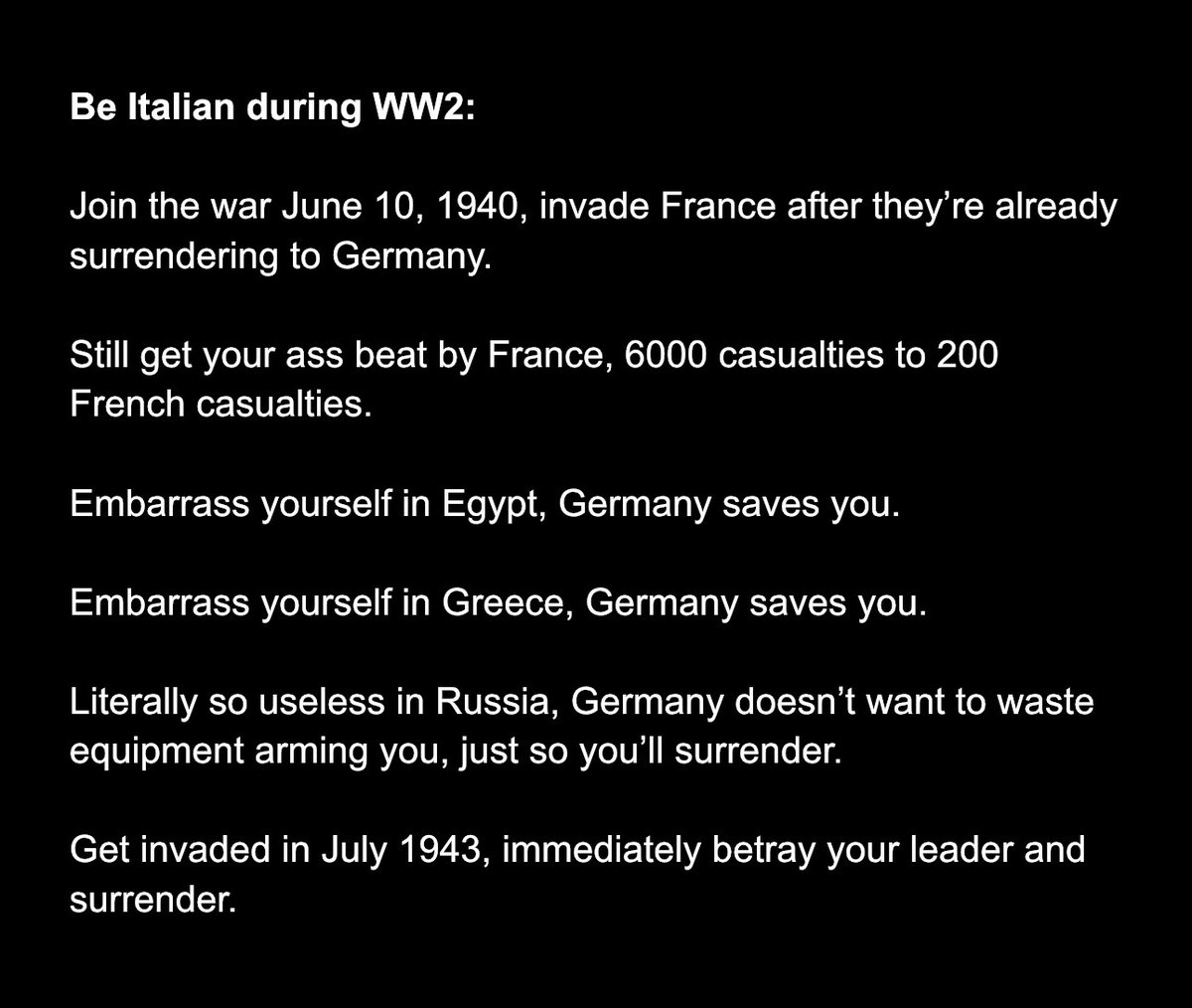 DanielThomasCo6's tweet photo. @poxesfoxes lol Europeans seething inferiority complex towards America turns them into literal third worldists.

I know you are embarrassed being Italian, since your country literally couldn’t have been more pathetic and useless during both world wars. https://t.co/C6JPPcBS2k