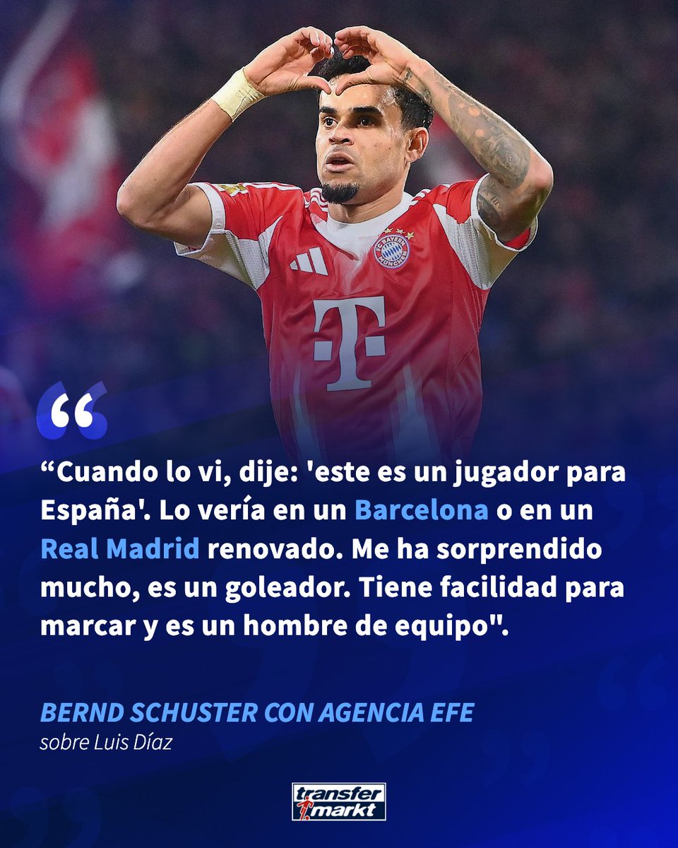 TMes_news's tweet photo. 🇨🇴 🤔 Bernd Schuster ha asegurado que Luis Díaz encajaría en el fútbol español, en concreto en el FC Barcelona o en el Real Madrid, ¿En qué equipo te gustaría verle?
👉 https://t.co/nIqxCrCp6A
#LuisDíaz #Bayern #Shuster #RealMadrid #Barça https://t.co/bqcfeh9jq0