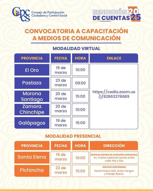 Azuay_Cpccs's tweet photo. Si eres parte de algún medio de comunicación, te invitamos a las capacitaciones para el proceso de #RendiciónDeCuentas2025
Revisa tu provincia y las próximas fechas📷 https://t.co/GTJ9AliNtC