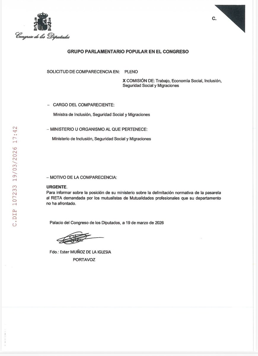 🔴Hemos pedido amparo ante las declaraciones del Sr. Santiago requiriendo rectificación.
🔴Asimismo, hemos registrado solicitud de comparecencia urgente de Ministra y Secretario de Estado de Seguridad Social para que informen sobre la posición del Gobierno sobre pasarela al RETA.
