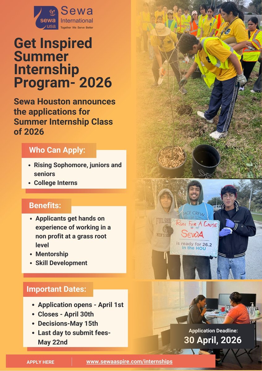 Applications are OPEN for the Sewa Houston Summer Internship 2026! 

📅 Apply: Apr 1–30
📢 Results: May 15
💳 Fees Due: May 22
👉 Apply here: sewaaspire.com/internships
#SewaHouston #Internship2026 #YouthLeadership