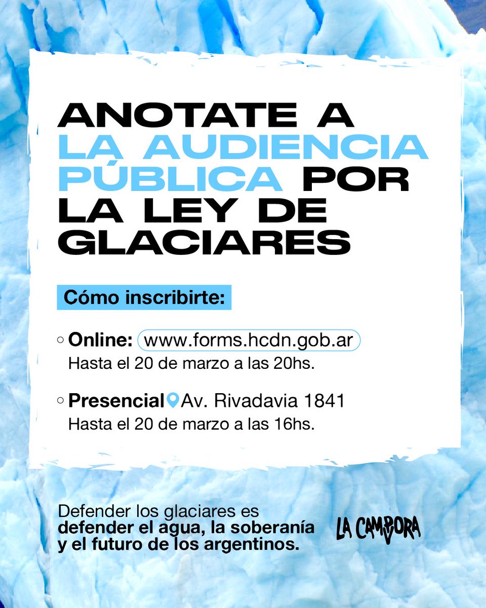 No a la flexibilización ambiental de Milei y el FMI. Defender los glaciares es defender el agua, la soberanía y el futuro de los argentinos.

Anotate a la audiencia pública, tenés tiempo hasta el 20 de marzo. 👇🏾

🌐 forms.hcdn.gob.ar