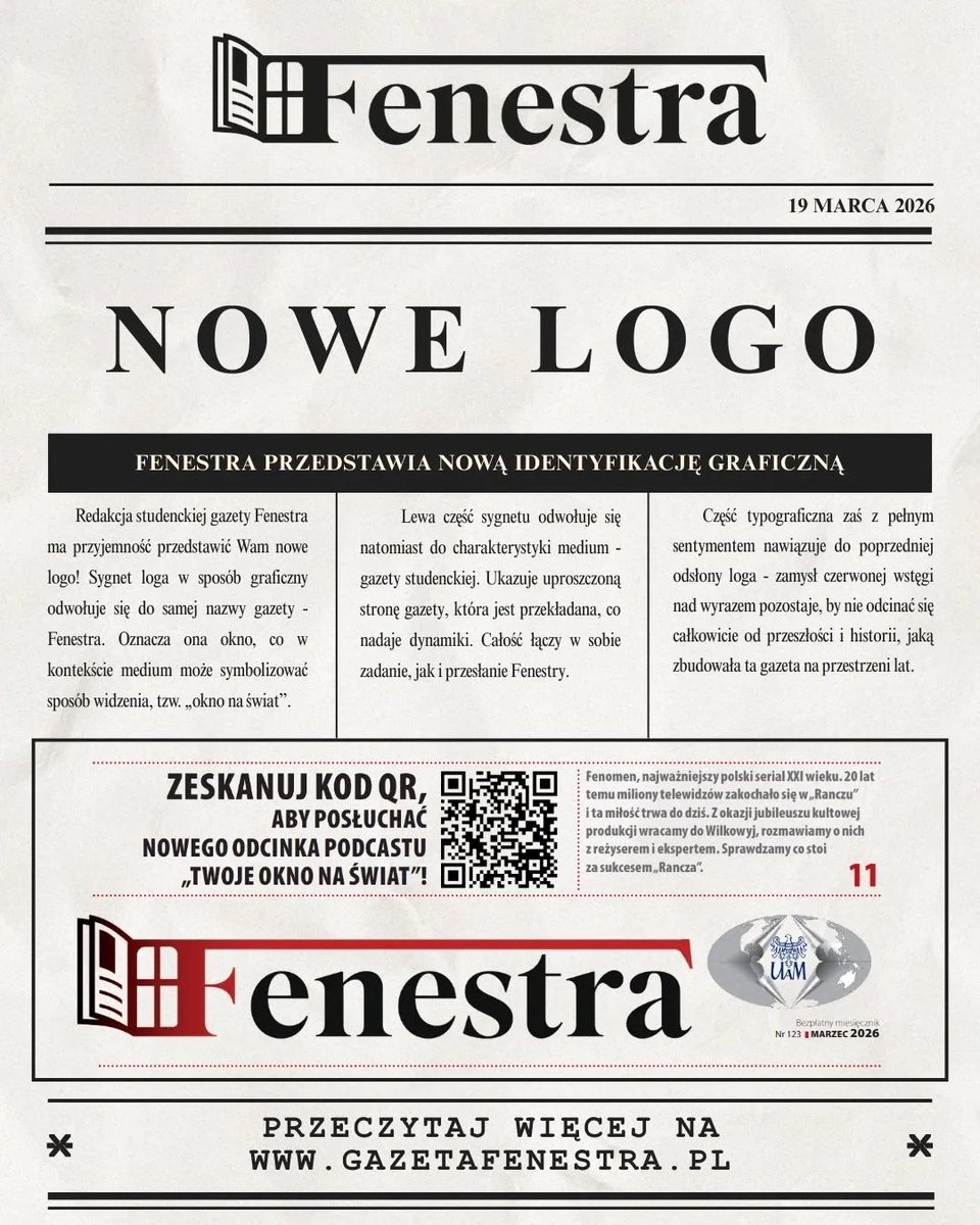 FenestraUAM's tweet photo. Mamy przyjemność przedstawić Wam nowe logo Fenestry. Nowe logo powstało dzięki Klaudii Karlińskiej i znajdzie się w marcowym wydaniu gazety!
Autorzy grafik: Szymon Bernaś, Bartłomiej Stefański
#fenestra #nowelogo #rebranding #gazetaonline #GazetaStudencka https://t.co/hHyqt0CsFt