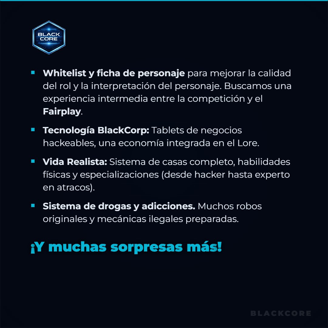 BlackCore_Fivem's tweet photo. BlackCore, servidor de Rol en desarrollo al 60%.

Whitelist y postulaciones abiertas.

Únete a nosotros https://t.co/RoB7cajSjJ
https://t.co/kG9eudKgVl https://t.co/0LqS7tEM3J