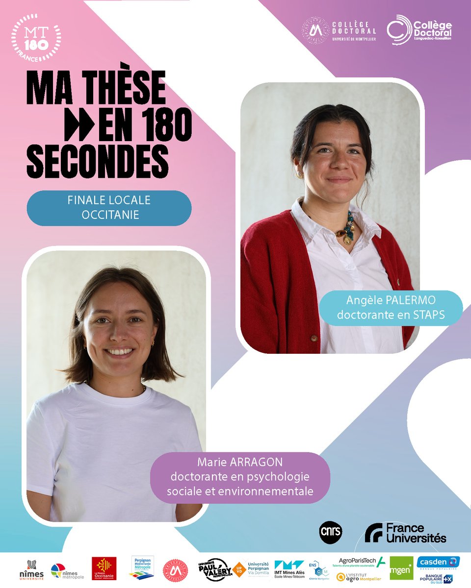 unimesfr's tweet photo. Finale locale Occitanie #MT180 | 👏aux 2 doctorantes @unimesfr sélectionnées : venez les soutenir et découvrir leur travail le 2/04!
👩🎓A.PALERMO, en #STAPS @apsy_v et @projektunimes
👩🎓M.ARRAGON en #psychologie sociale et environnementale
🎟️Inscription: https://t.co/8XwWb7pcRM https://t.co/DYwSczyNMw