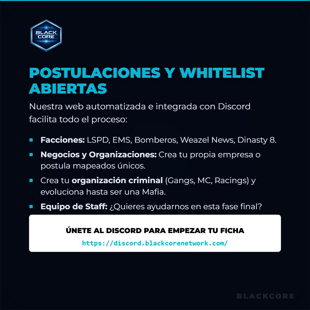 BlackCore_Fivem's tweet photo. BlackCore, servidor de Rol en desarrollo al 60%.

Whitelist y postulaciones abiertas.

Únete a nosotros https://t.co/RoB7cajSjJ
https://t.co/kG9eudKgVl https://t.co/0LqS7tEM3J
