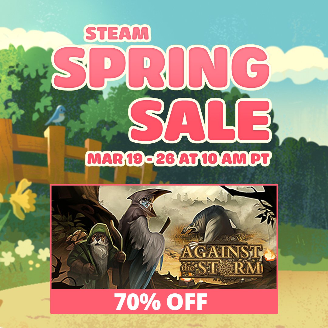 The Steam Spring Sale is live! 🌸
Treat yourself and grab Against the Storm and its DLCs while they’re on sale 🌷

store.steampowered.com/app/1336490/Ag…