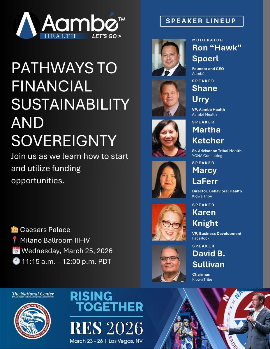 aambecorp's tweet image. Building pathways to Tribal sovereignty starts with the right strategy and funding.

Join us at #RES2026 for:
Pathways to Financial Sustainability and Sovereignty

📅 Mar 25 | 11:15 AM
📍 Caesars Palace

#TribalSovereignty #NativeBusiness #Aambe