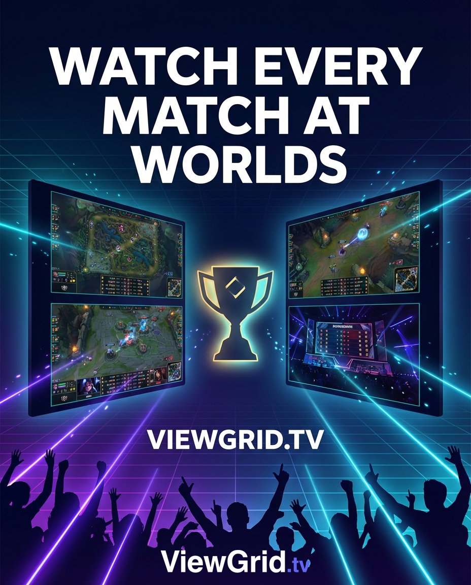 viewgridtv's tweet photo. Worlds is on and there are 4 matches running at the same time.

Don't pick one. Watch them all.

ViewGrid lets you stream every match simultaneously — no lag, no tab switching, completely free.

https://t.co/Mztix6m9LT

#Worlds2026 #LeagueOfLegends #LoL #Esports #MultiStream #ViewGrid #RiotGames #GamingLife #WatchParty