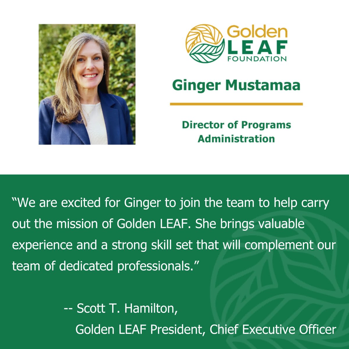 NCgoldenLEAF's tweet image. We're thrilled to welcome Ginger Mustamaa to the @NCgoldenLEAF team as the new Director of Programs Administration! Join us in giving Ginger a warm welcome to the Golden LEAF team!
Read more about Ginger here: goldenleaf.org/golden-leaf-we…
#GoldenLEAFFoundation #GrantsManagement