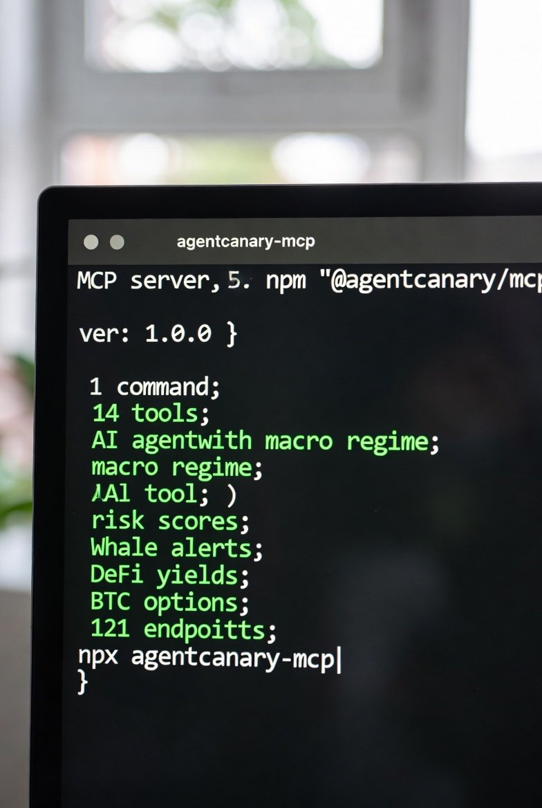agentcanaryHQ's tweet photo. AgentCanary MCP server is live on npm.

One command. 14 tools. Your AI agent gets macro regime, risk scores, whale alerts, DeFi yields, BTC options, and 60+ API endpoints.
npx agentcanary-mcp
https://t.co/cjbuWsBUzQ https://t.co/7X0ugAfBIP