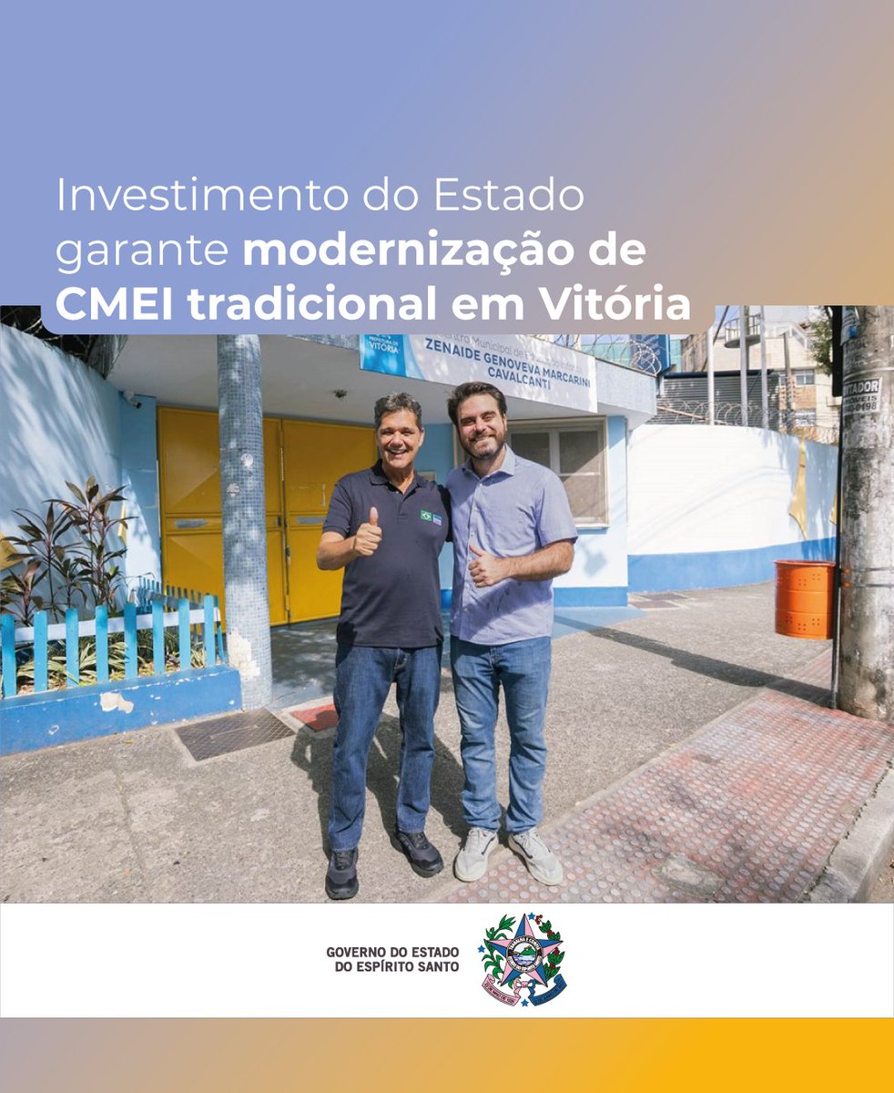 O Centro Municipal de Educação Infantil (CMEI) Zenaide Genoveva Marcarini Cavalcanti, no bairro Jardim da Penha, em Vitória, será completamente reformado e modernizado com recursos estaduais.

Leia: es.gov.br/Noticia/invest…