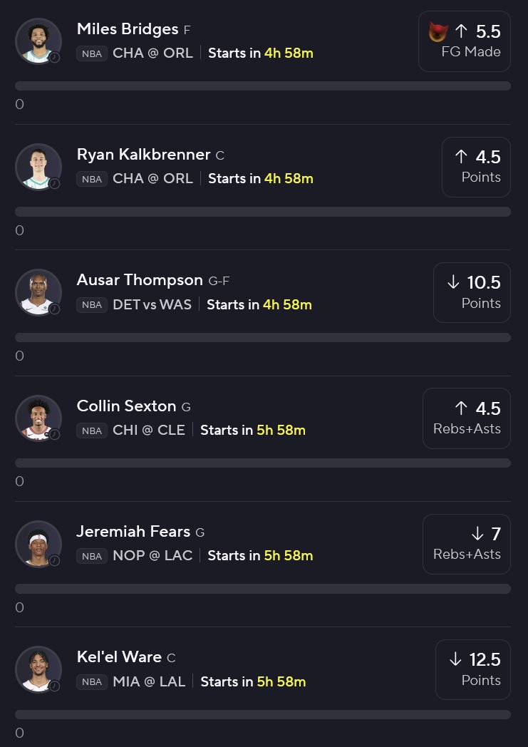 NBA Picks 03/19/26

Bridges O 5.5 FGM
Kalkbrenner O 4.5 PTS
Thompson U 10.5 PTS
Sexton O 4.5 RA
Fears U 7 RA
Ware U 12.5 PTS

Like 3 of my initial picks got bumped while making this slip. Who else giving y'all the Kalkbrenner O? 🤔📯🐝

#NBA #NBAPlays #POTD #PrizePicks #Underdog