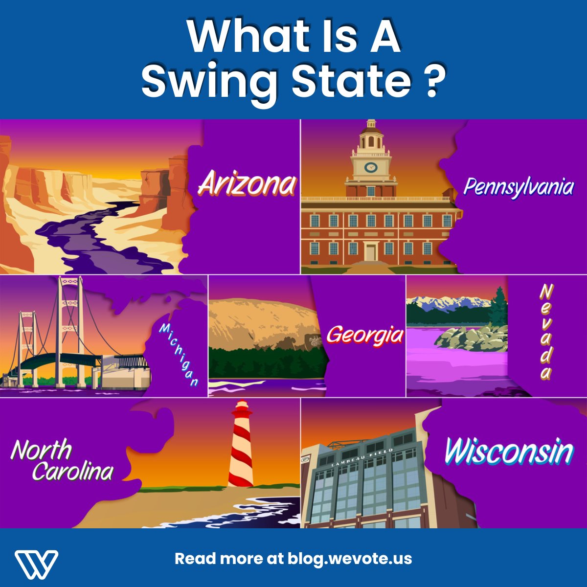 WeVote's tweet photo. You’ve heard the terms red state and blue state, but not every state fits neatly into one category.

Some are known as swing states: places where voters can shift between parties and where elections are often decided.

🗳️ Read more to learn what swing states are, why campaigns focus on them so intensely, and which battlegrounds matter most in presidential elections: https://t.co/0Gs47KQ88n

#SwingStates #Elections #CivicEducation #WeVote #BallotGuide