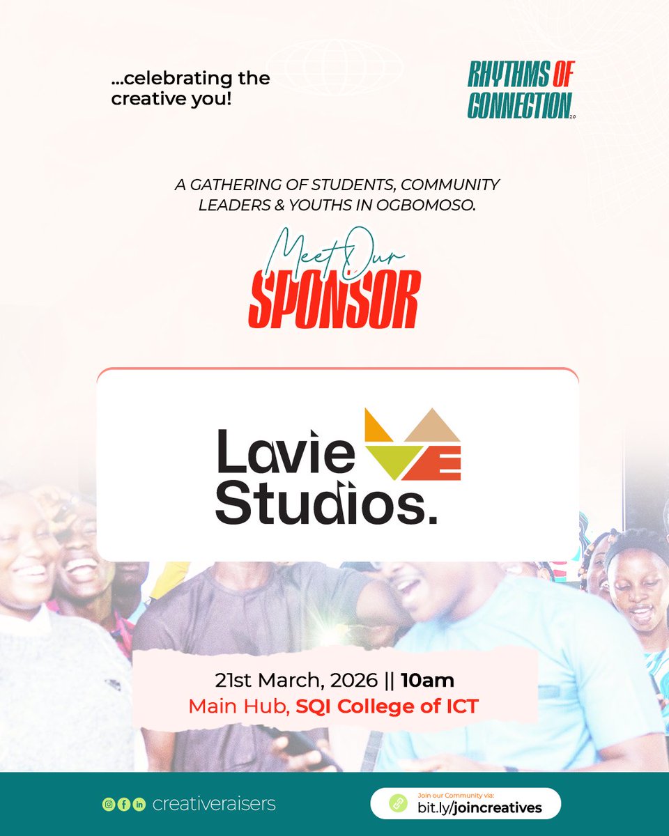 StudiosLavie's tweet photo. We’re proud to support something that truly matters.

Lavie Studios is excited to sponsor Rhythms of Connection, a gathering focused on creativity, community, and meaningful growth in Ogbomoso.

Be part of it by registering with the link below 👇🏽
https://t.co/kwnPbSspO6 https://t.co/ivShmm8NRN