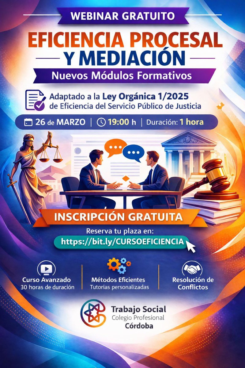 Webinar gratuita inscripción:
bit.ly/CURSOEFICIENCIA

#mediacion
#eficienciaprocesal
#masc