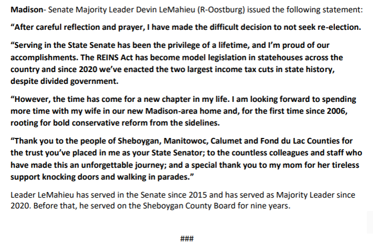 VanessaKjeldsen's tweet photo. NEW: Wisconsin Senate Majority Leader Devin LeMahieu is not seeking re-election:

"The time has come for a new chapter in my life. I am looking forward to spending more time with my wife in our new Madison-area home..." https://t.co/TSV6uf1tq2