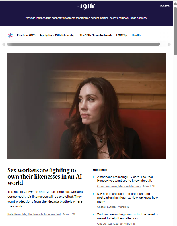 RileySnyder's tweet photo. Thrilled to see @katecreynolds excellent story on Nevada brothel workers' fight to control their image and likeness republished on the front page of @The19thNews https://t.co/dWSvFTqTEU
