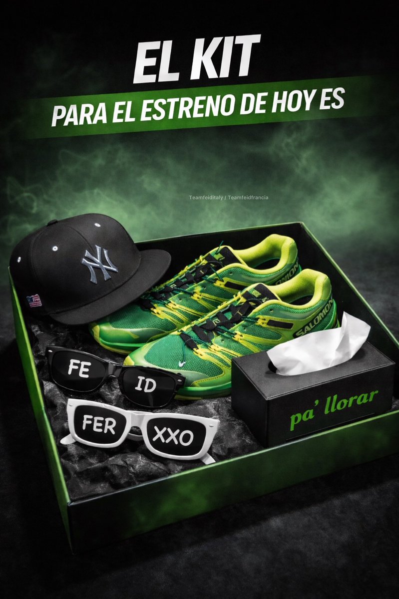 Teamfeiditaly's tweet photo. Kit listo pa’ hoy!! zapatillas pa’l perreo + pañuelo pa’ llorar, no pregunten por qué 🤧💚 

#FeidVSFerxxo https://t.co/2st43KPUNA