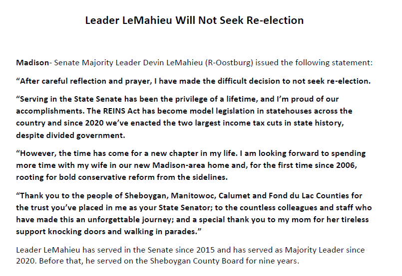 AdamRobertsMKE's tweet photo. BREAKING: Wisconsin Senate Majority Leader Devin LeMahieu will not seek re-election.

Here's his full statement: https://t.co/Qj2mPISCj5