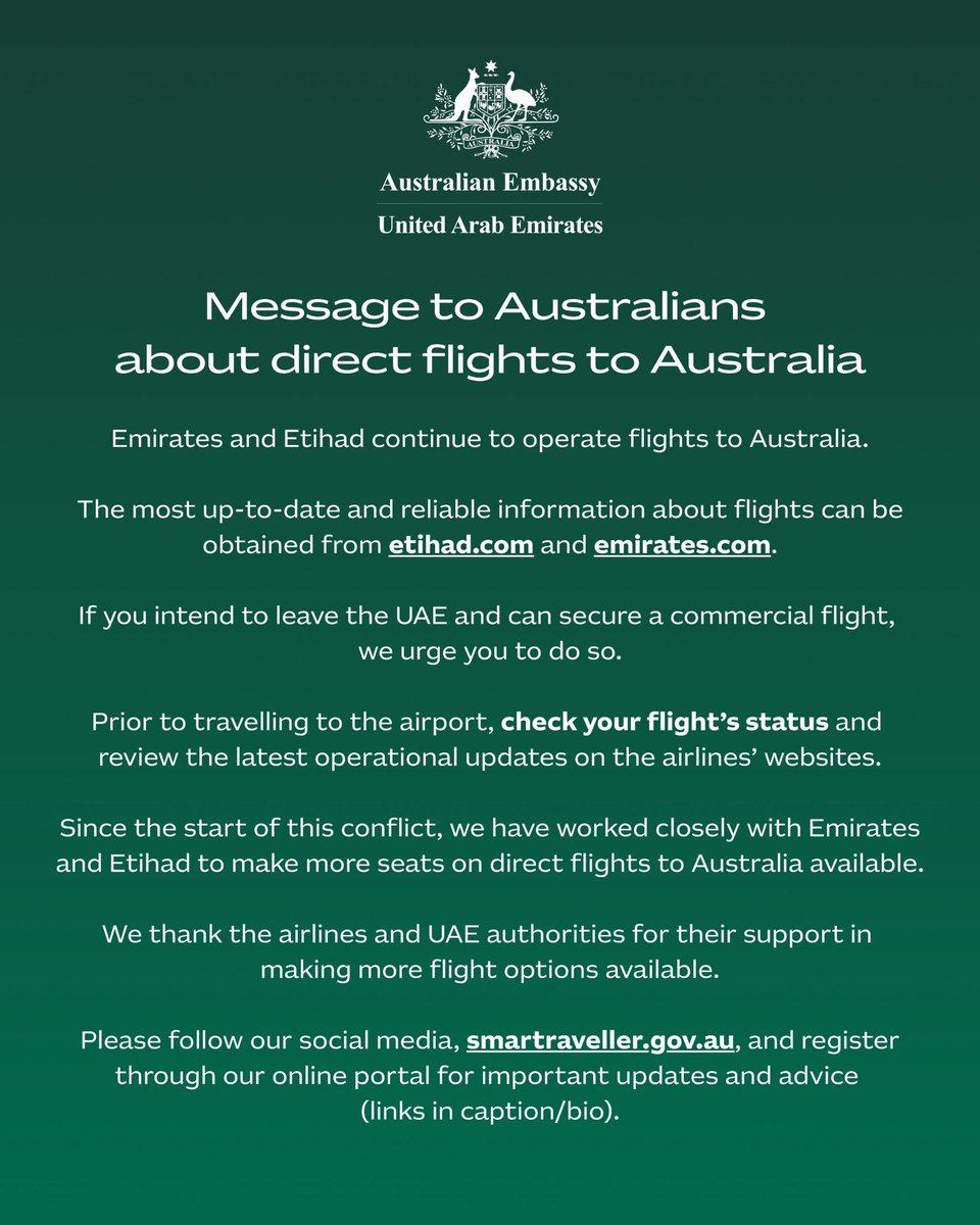 Message to Australians about direct flights to Australia 

@Emirates and @Etihad airlines continue to operate flights to Australia.

The most up-to-date and reliable information about flights can be obtained from etihad.com and emirates.com.
  
If you