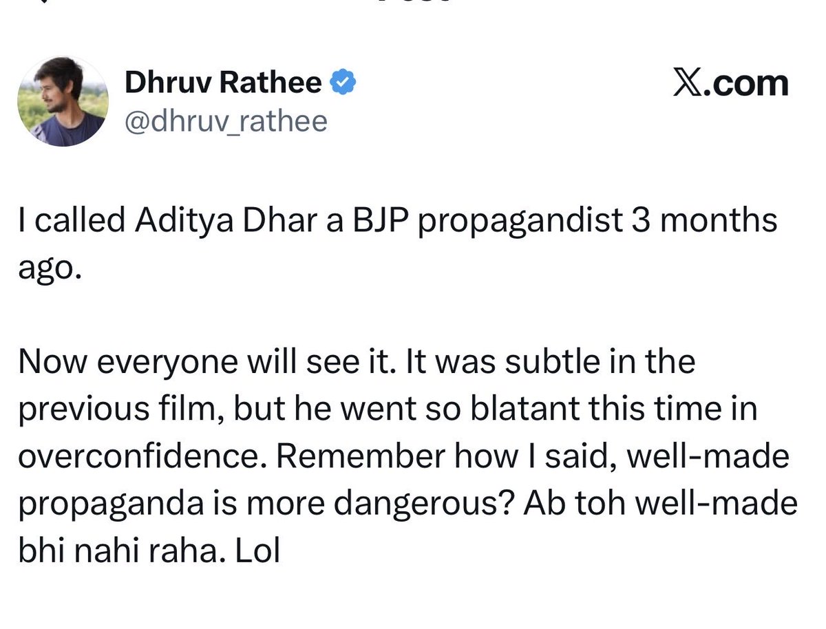 SSingh564's tweet photo. At this point, bro doesn’t watch movies - he conducts #BJP audits 😂  
#Uri ? BJP.  
#Dhurandhartherevnenge ? BJP.  
Next he’ll watch a nature documentary and say, “Even the lions are influenced by #modi ” 

Plot twist: end credits bhi BJP nikal denge. https://t.co/DPNoAwF7Bg