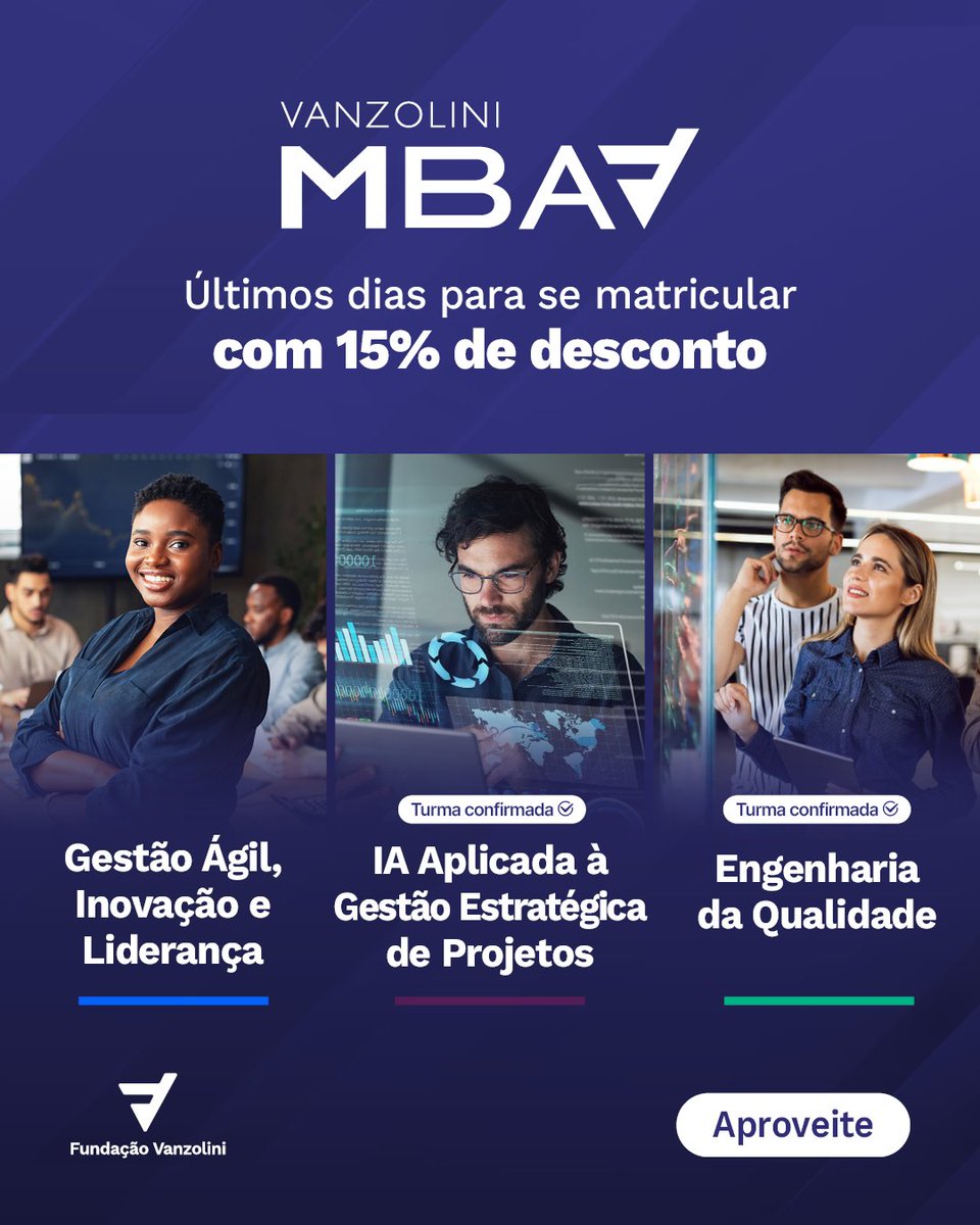Invista em uma formação completa, em modalidade híbrida, professores de excelência (atuantes na USP e no mercado) e Business Case como trabalho final.

➡️ Aproveite os últimos dias de desconto e garanta a sua vaga nos MBAs da Fundação Vanzolini:
🔗mba.vanzolini.org.br