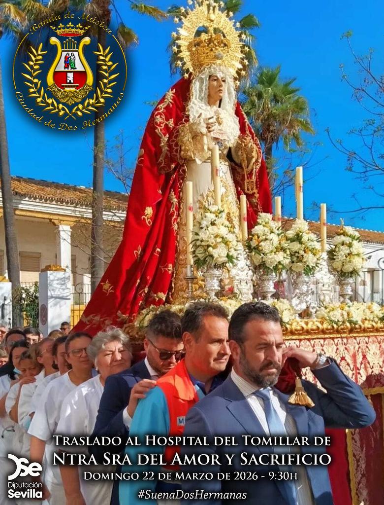 ACOMPAÑAMIENTO!
Este domingo 22 de marzo acompañaremos a Ntra Sra del Amor y Sacrificio de la <a href="/SantaCruzDH/">Hdad. Santa Cruz</a>, en su traslado de ida al Hospital del Tomillar, donde tocaremos para los enfermos y sanitarios del mismo.
Será un placer para nosotros. 
#SuenaDosHermanas