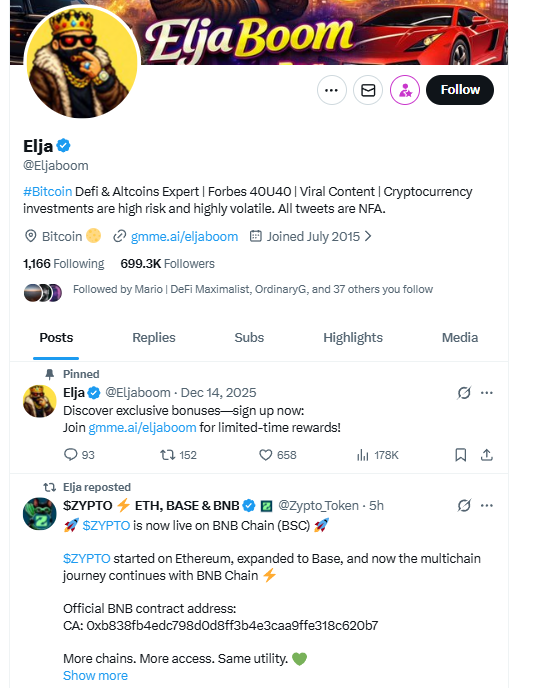 Huge thanks to <a href="/Eljaboom/">Elja</a>  for the retweet 🤝
This is major recognition for $ZYPTO and a big exposure wave coming from BNB and crypto Twitter overall.

We keep building. The ecosystem keeps growing ⚡️
What’s next? Watch closely… so you don’t miss it 👀