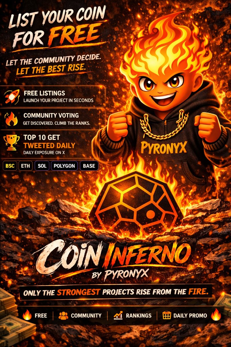 pyronyx5959's tweet photo. List your coin for FREE on CoinInferno by Pyronyx. 🔥
Let the community decide. Let the best rise.
✅ Free listings
✅ Community voting
✅ Top 10 tweeted daily
✅ 6 chains supported
Only the strongest projects rise from the fire.
#Pyronyx #CoinInferno #Crypto #DeFi #BSC #ETH #SOL #Polygon #Base #Arbitrum