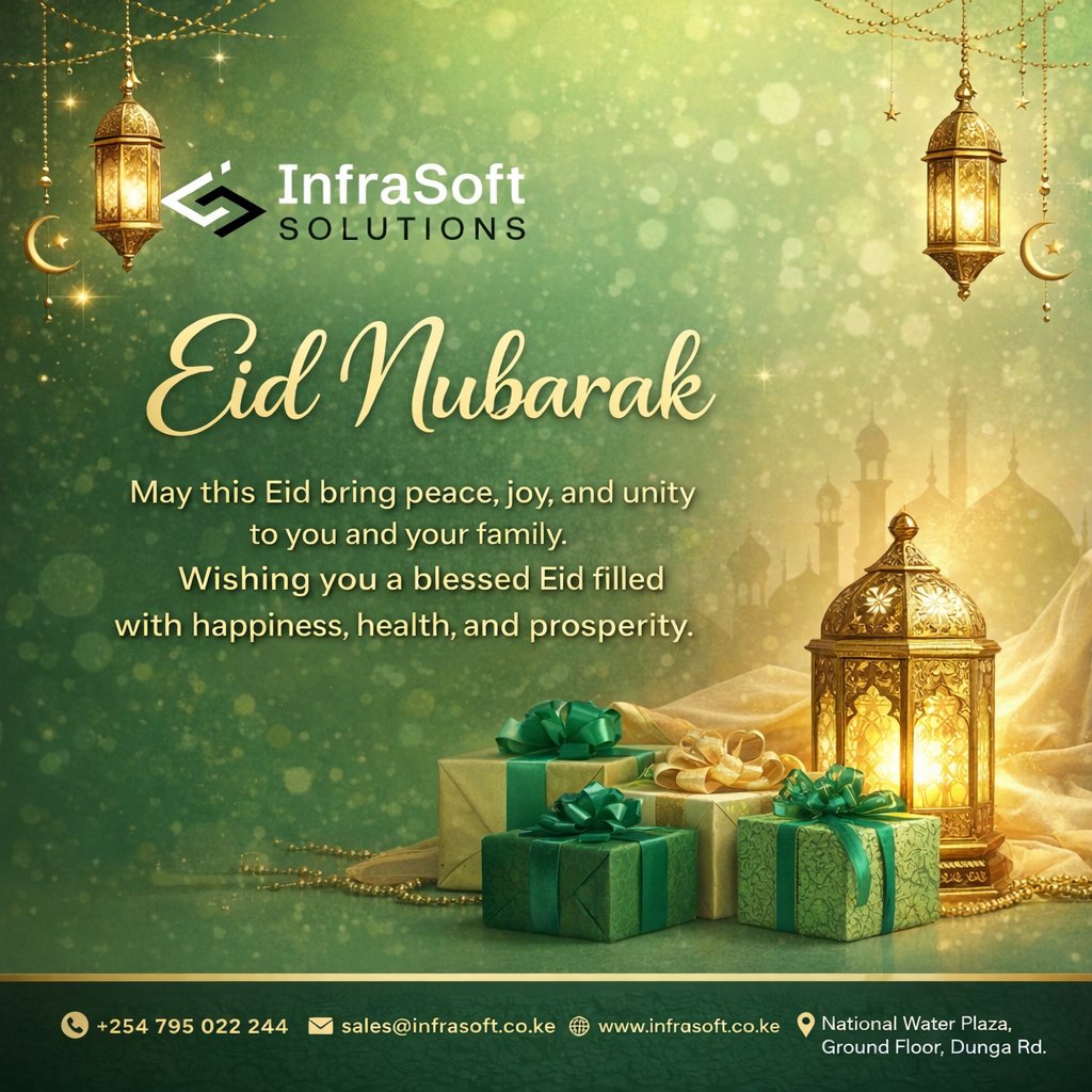 InfrasoftLtd's tweet photo. Eid Mubarak from InfraSoft Solutions!

Wishing you joy, peace, and prosperity this festive season.

#EidMubarak #Kenya #BusinessSolutions https://t.co/JIzt5QKj5U