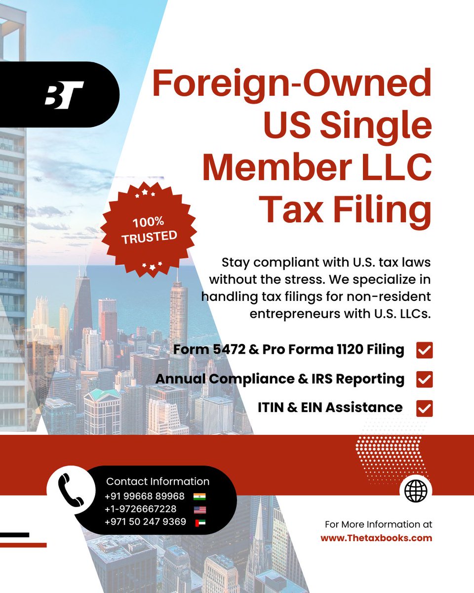 TruSensTaxBooks's tweet image. Running a US LLC from abroad? 
Don’t let IRS filings stress you out.
We help foreign-owned single member LLCs stay compliant simple, fast, and reliable.

#USTaxes #LLC #NonResident #StartupLife #GlobalEntrepreneur #TheTaxBooks #TrusensTaxBooks