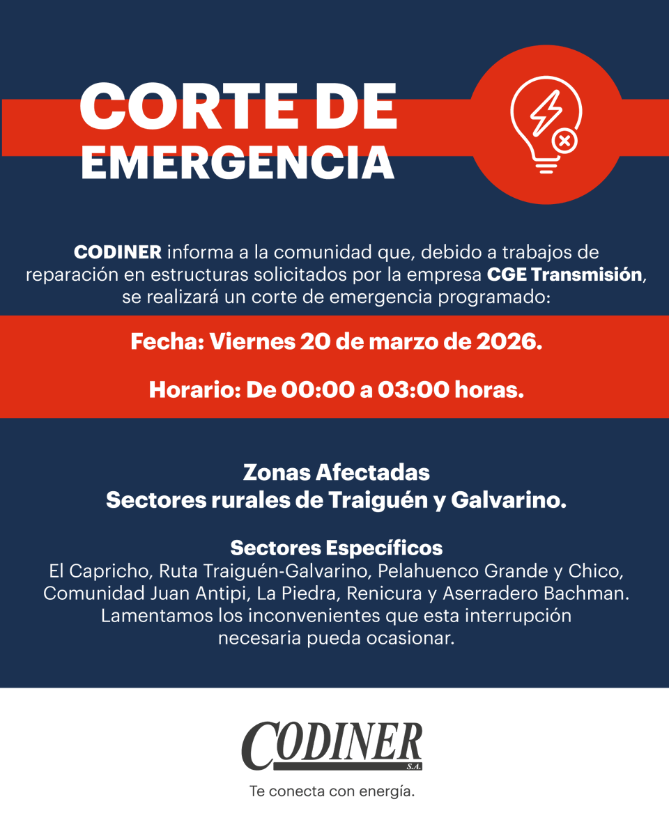 📢 AVISO DE CORTE DE EMERGENCIA

Atención vecinos de Traiguén y Galvarino. Por mejoras en la red de transmisión (CGE), se suspenderá el servicio eléctrico este viernes 20 de marzo.

⏰ ¿Cuándo? De 00:00 a 03:00 hrs.