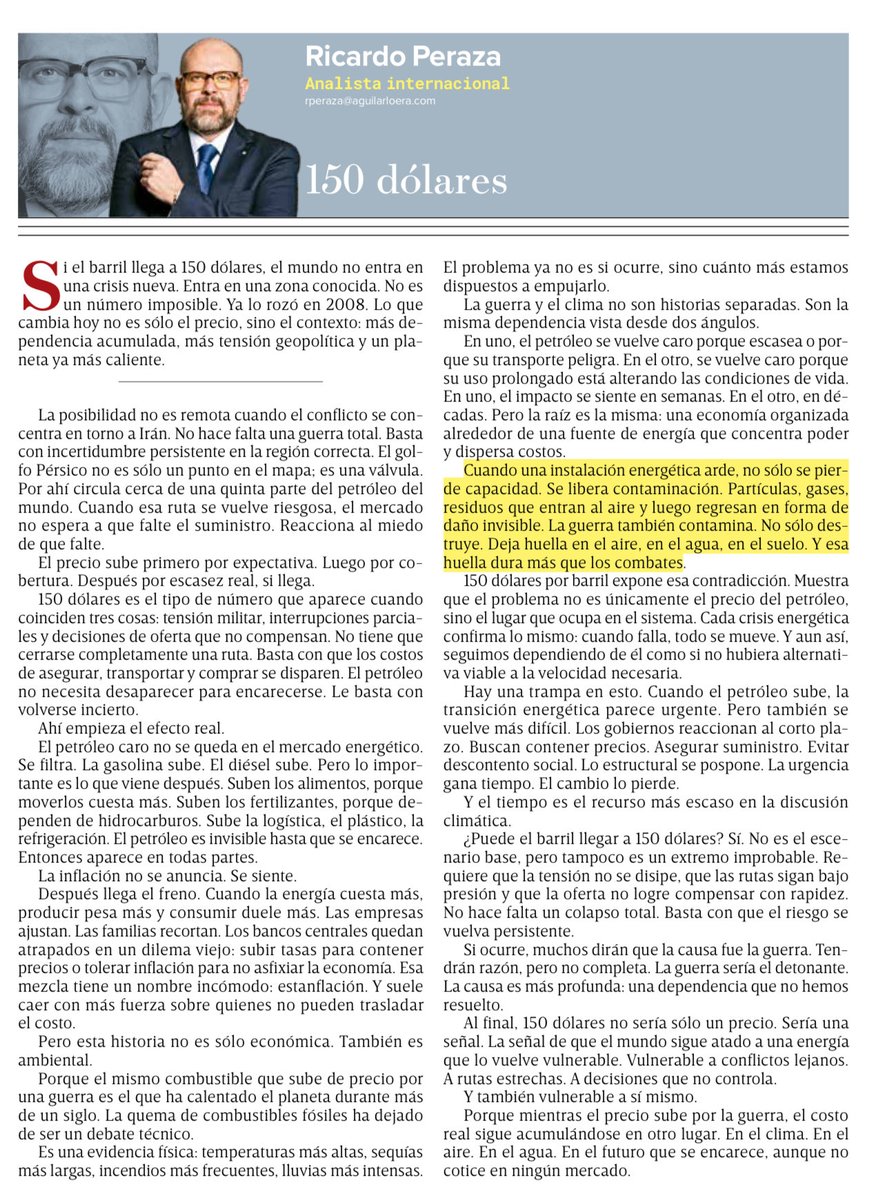 rjperazatello's tweet photo. 150 dólares no es solo un precio. Es una advertencia.

La guerra en Irán no solo mueve el petróleo. Expone algo más profundo: seguimos dependiendo de una energía que nos cuesta en inflación, en estabilidad… y en clima.

No es solo mercado. Es vulnerabilidad.

Gracias a @Excelsior y a @lorerivera por el espacio.